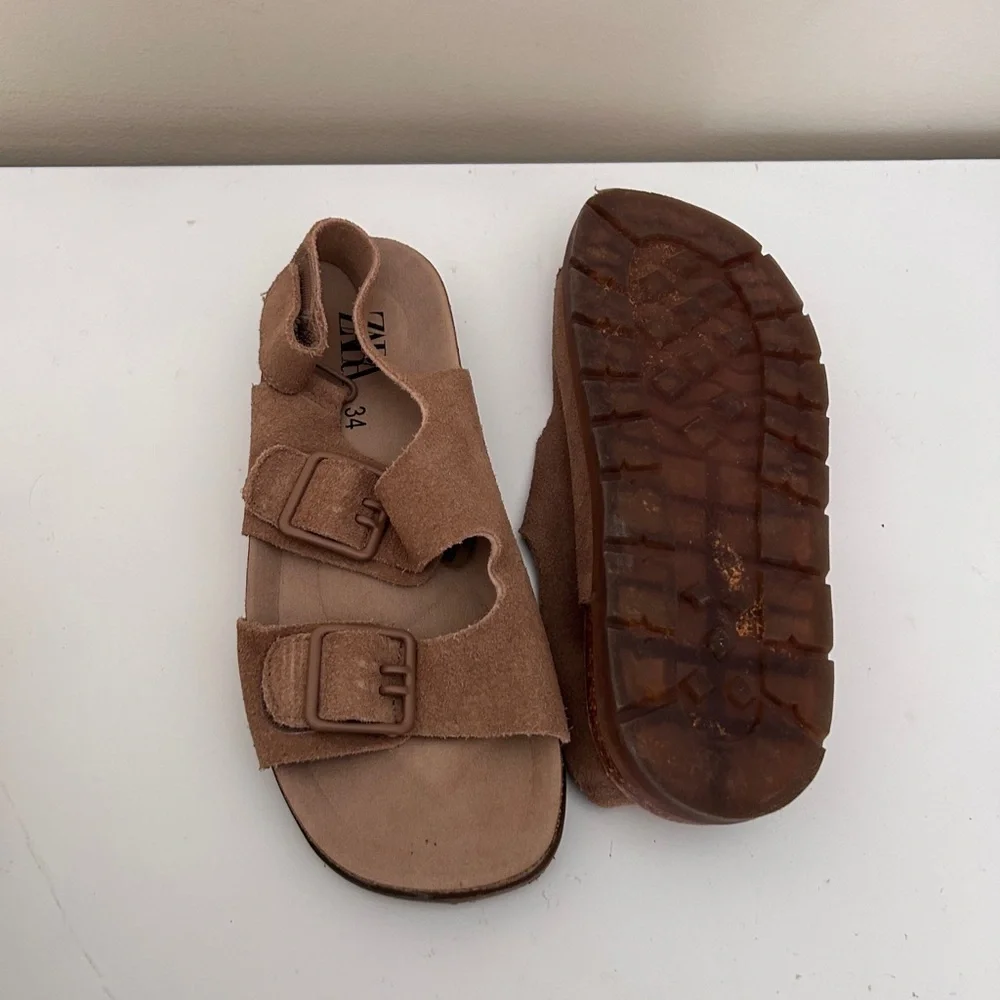 Zara Kids Tan Suede Double-Buckle Slide Sandals